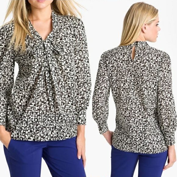 Kate Spade Reade Tie Neck Blouse Long Sleeve Popover style Black / White  Size 8 - Picture 16 of 16
